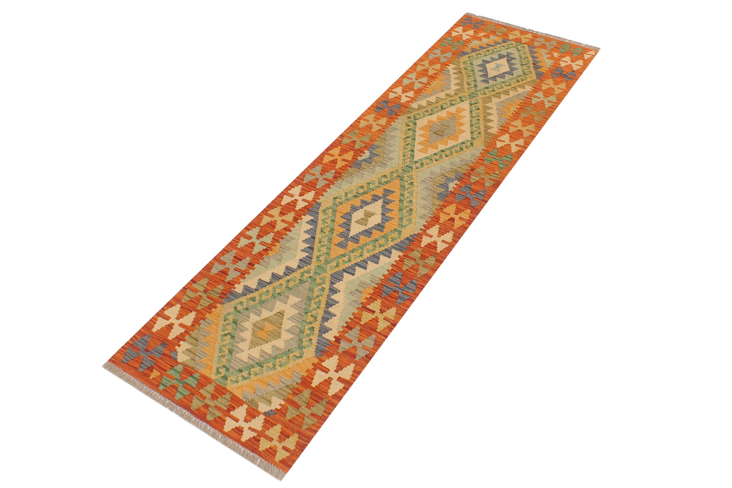 handmade Geometric Kilim Blue Rust Hand-Woven RUNNER 100% WOOL area rug 2' x 6'