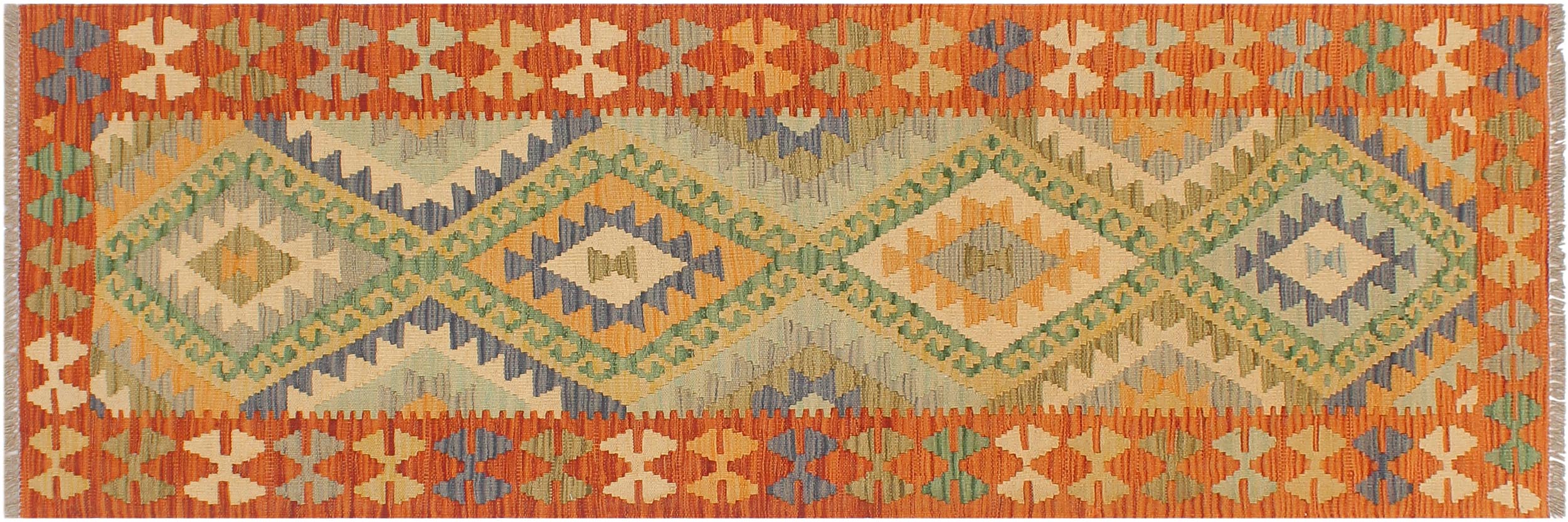 handmade Geometric Kilim Blue Rust Hand-Woven RUNNER 100% WOOL area rug 2' x 6'