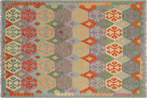 5x7 hand woven Turkish Kilim wool rug in blue and gray - Rustic Wendell Turkish