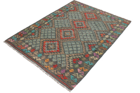 handmade Geometric Kilim Green Red Hand-Woven RECTANGLE 100% WOOL area rug 4' x 6'