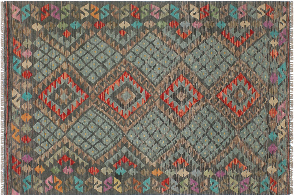 handmade Geometric Kilim Green Red Hand-Woven RECTANGLE 100% WOOL area rug 4' x 6'