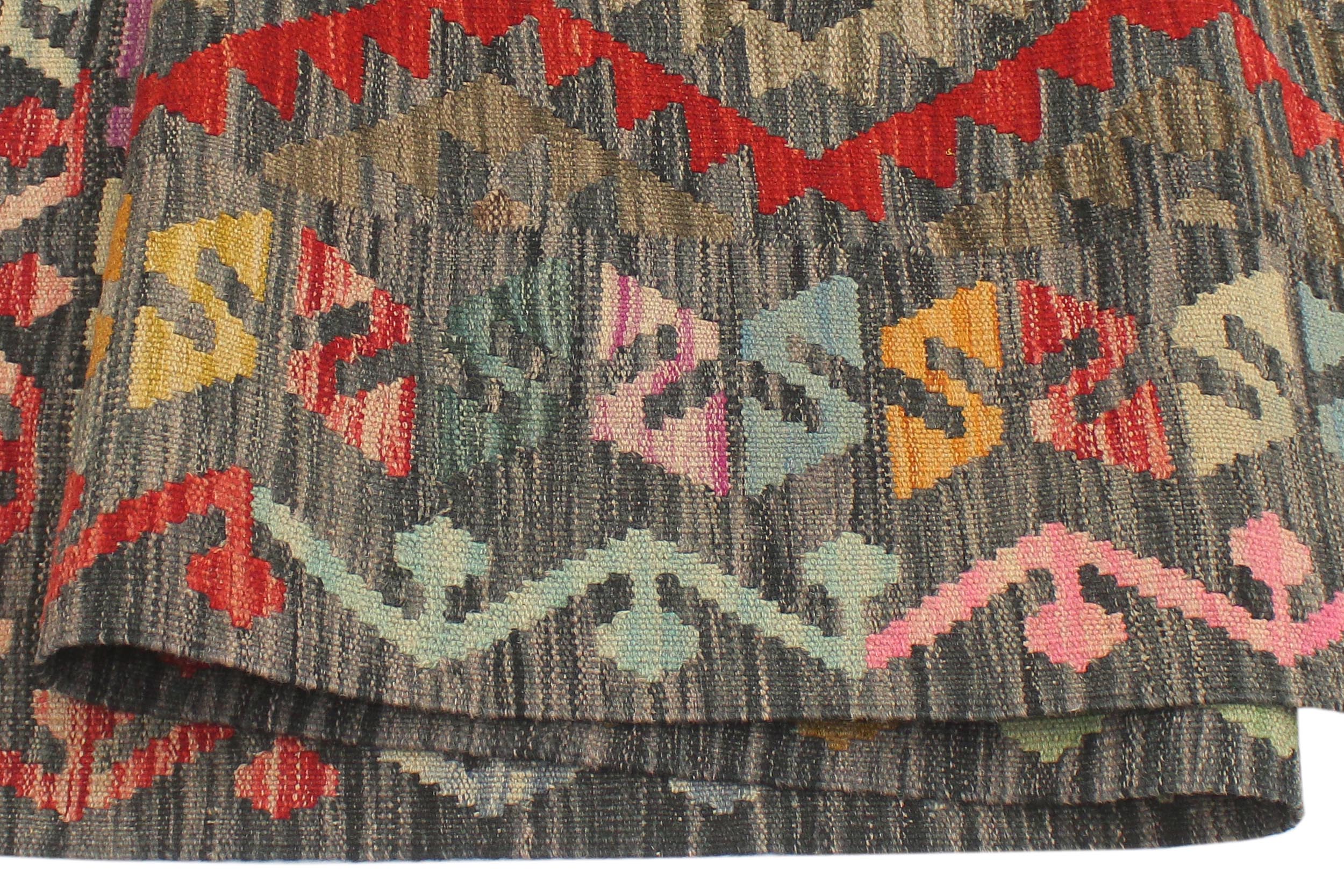 handmade Geometric Kilim Charcoal Red Hand-Woven RECTANGLE 100% WOOL area rug 5 x 7