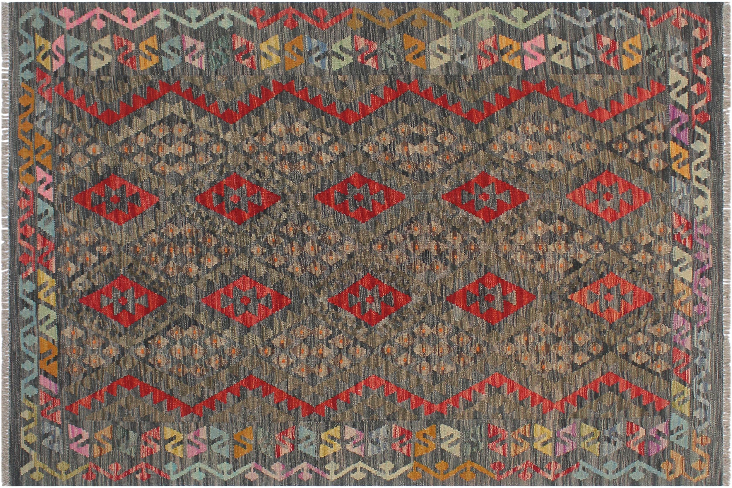 handmade Geometric Kilim Charcoal Red Hand-Woven RECTANGLE 100% WOOL area rug 5 x 7