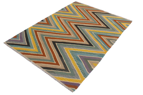 handmade Modern Kilim Blue Black Hand-Woven RECTANGLE 100% WOOL area rug 5x7