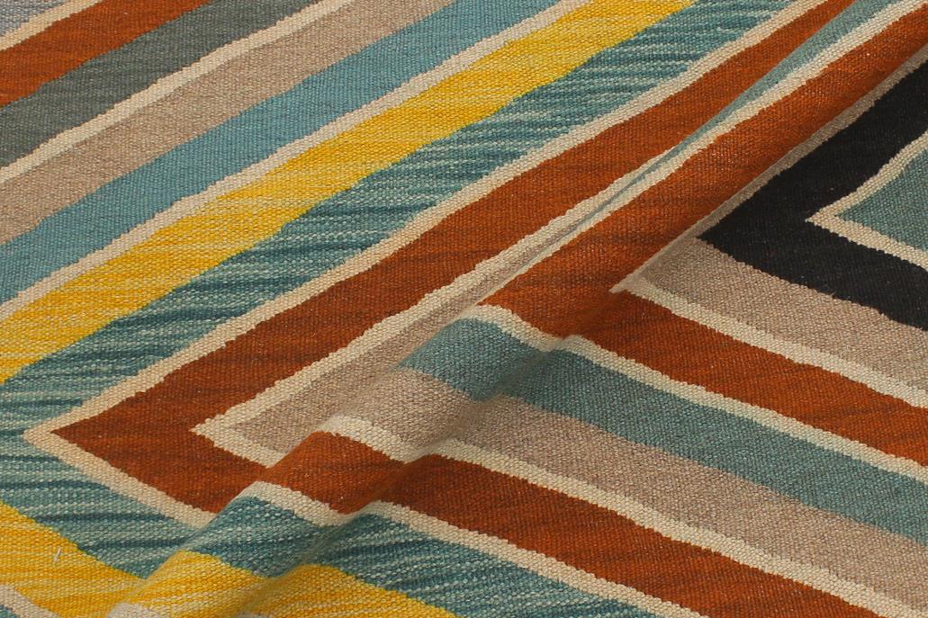 Flat Weave Kilim Antique Navaho Vintage handmade Modern Kilim Blue Black Hand-Woven Rectangle 100% Wool Area Rug 5x7 