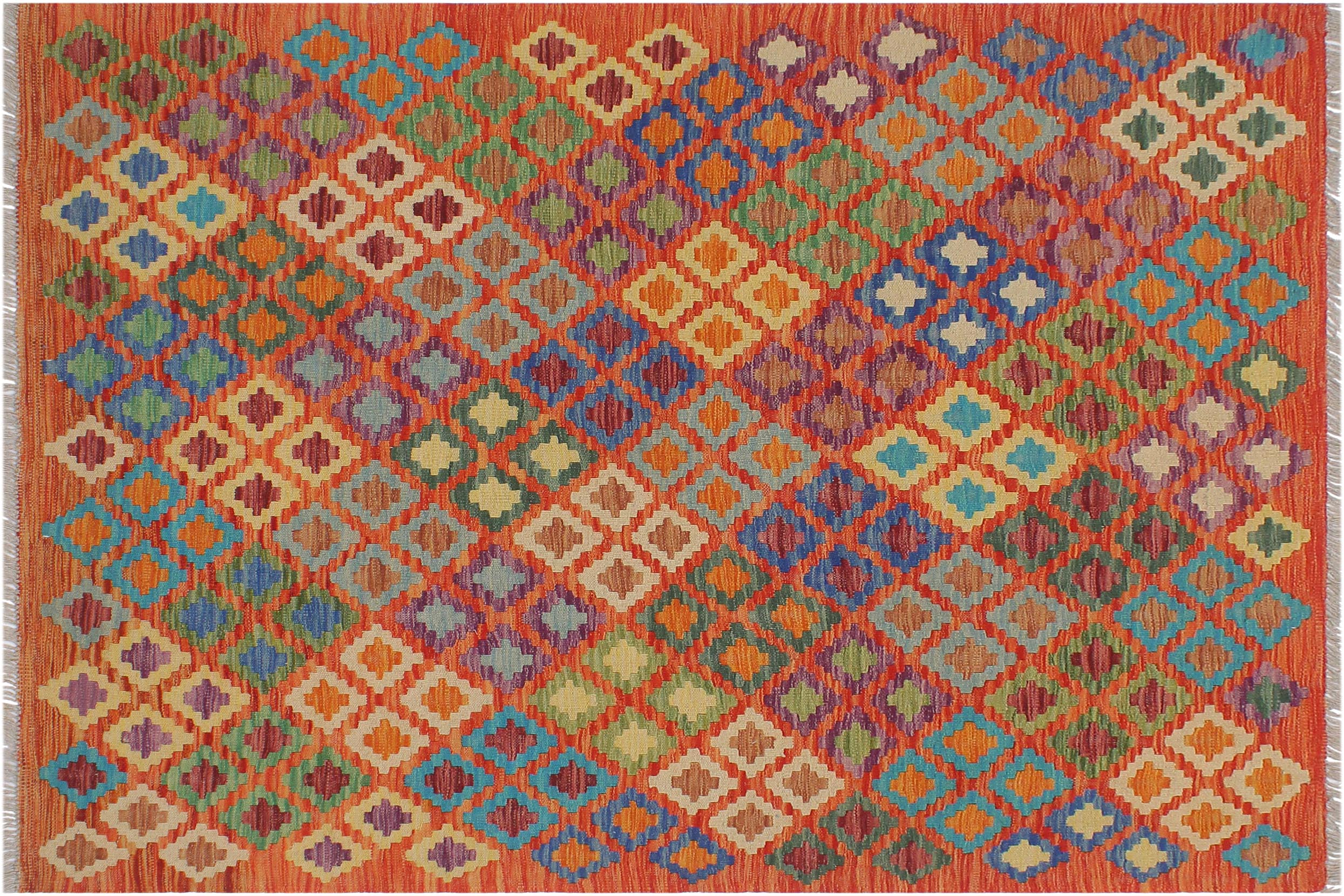 handmade Geometric Kilim Rust Blue Hand-Woven RECTANGLE 100% WOOL area rug 5x6