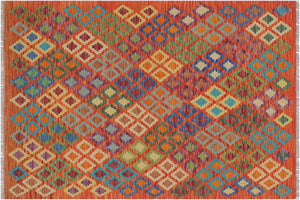 5x6 hand woven Turkish Kilim wool rug in rust and blue - Ethnic Danyelle