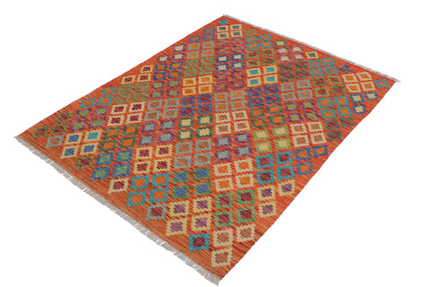 handmade Geometric Kilim Rust Blue Hand-Woven RECTANGLE 100% WOOL area rug 5x6