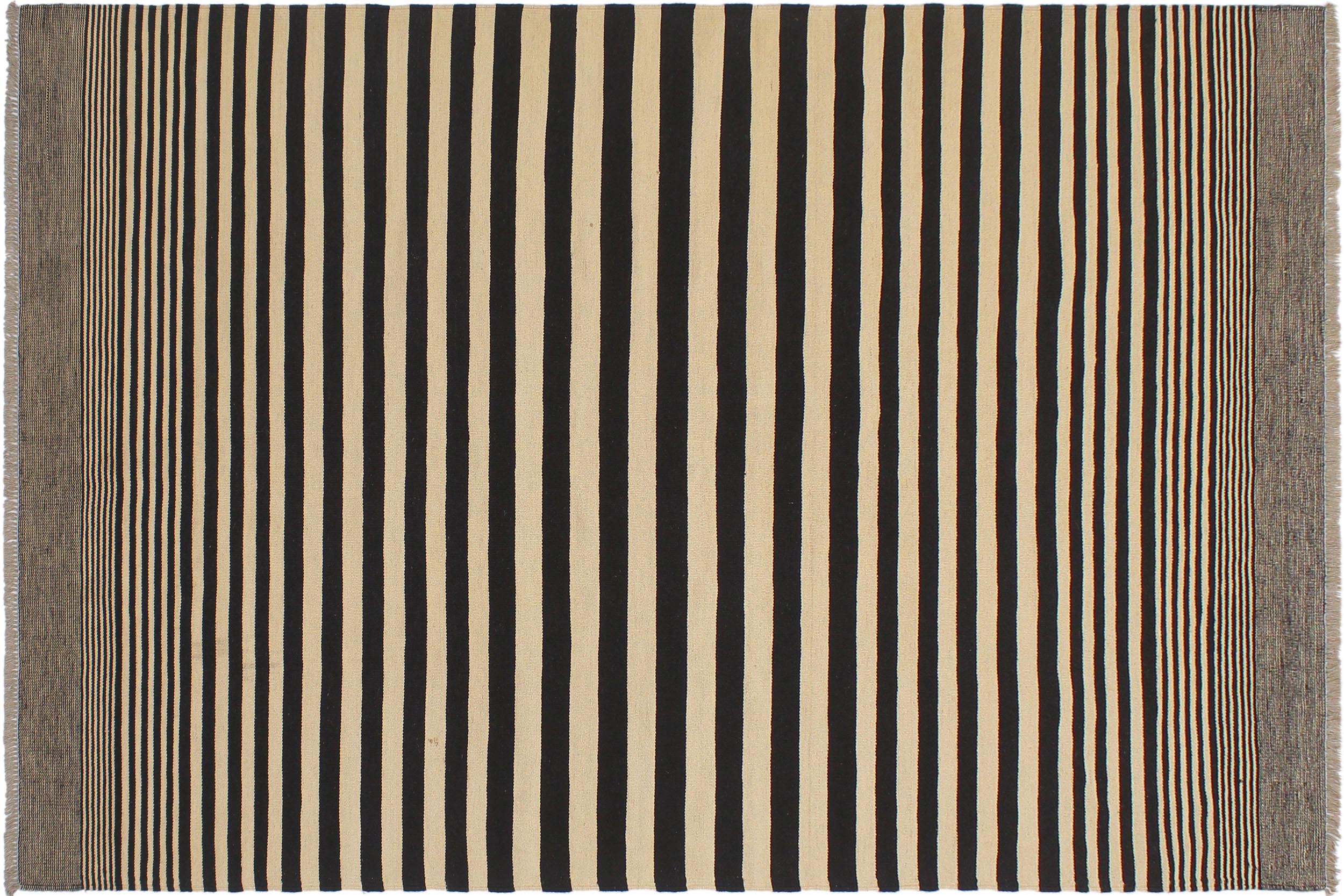 handmade Modern Kilim Beige Black Hand-Woven RECTANGLE 100% WOOL area rug 6' x 8'