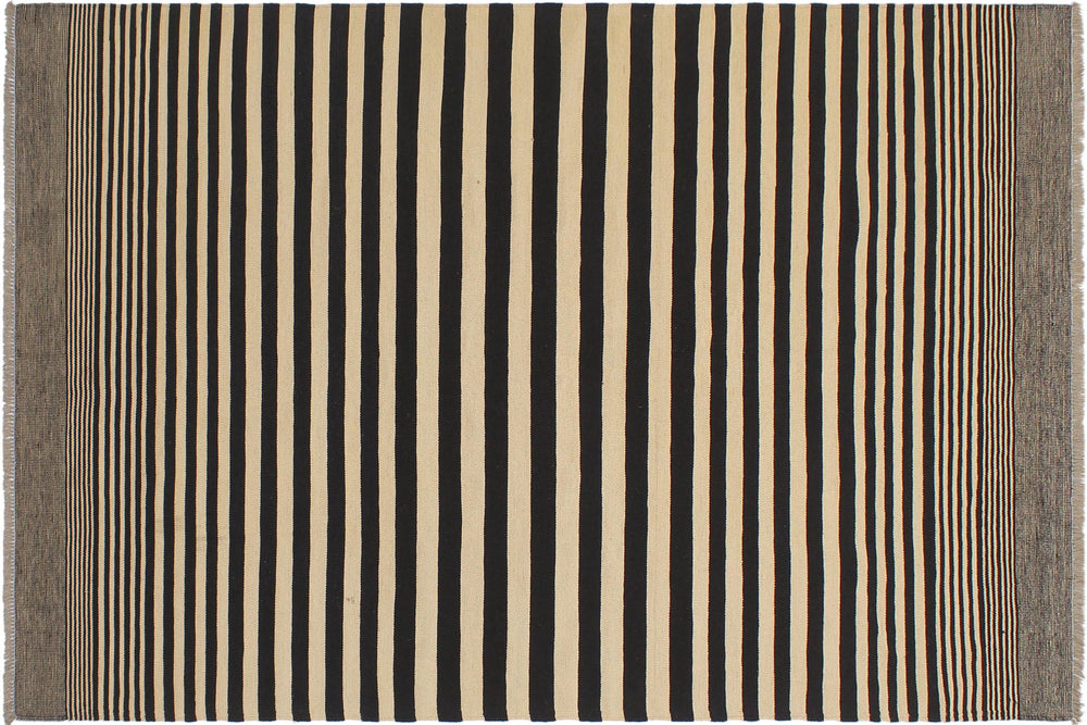 handmade Modern Kilim Beige Black Hand-Woven RECTANGLE 100% WOOL area rug 6' x 8'