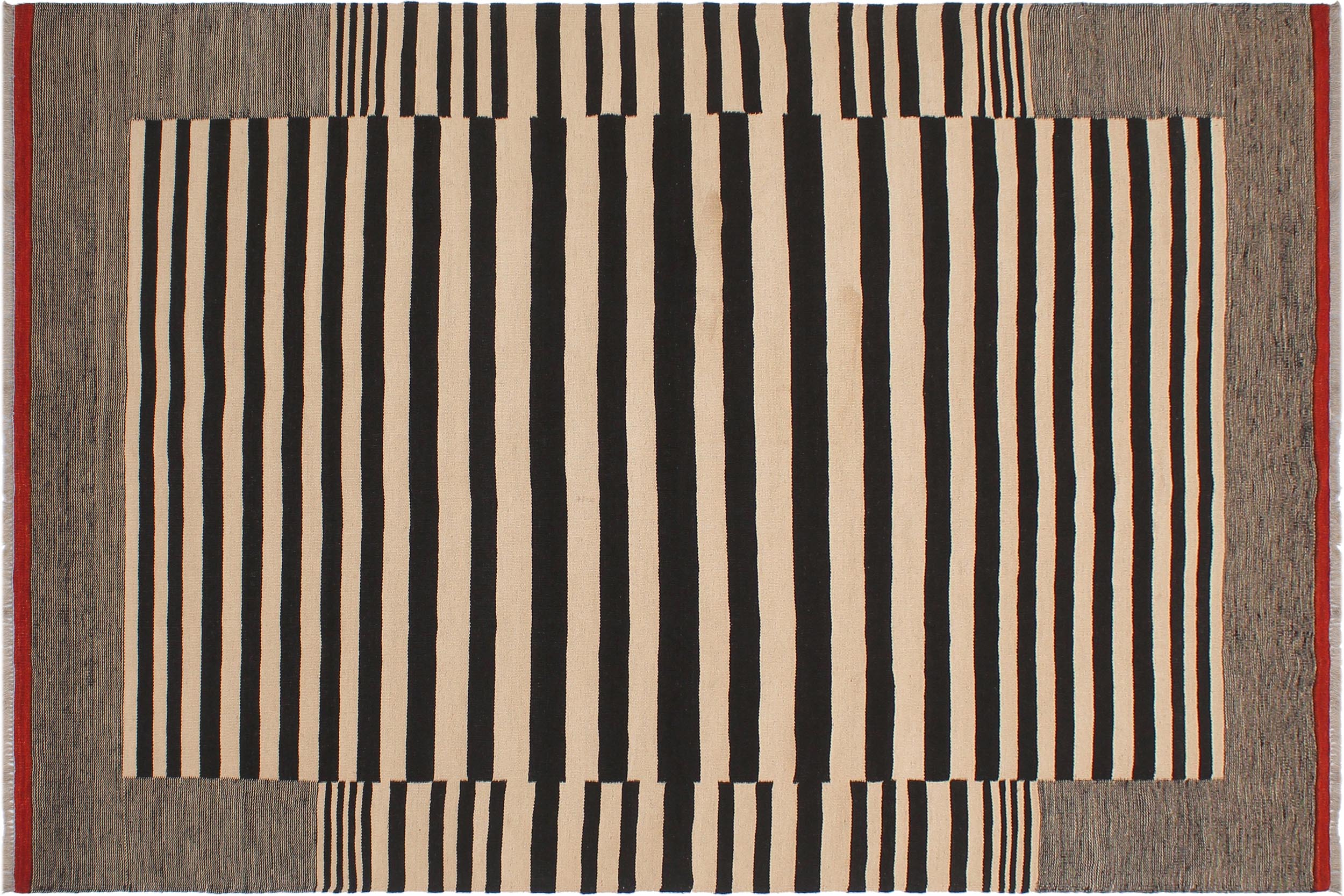 handmade Modern Kilim Beige Black Hand-Woven RECTANGLE 100% WOOL area rug 6' x 8'