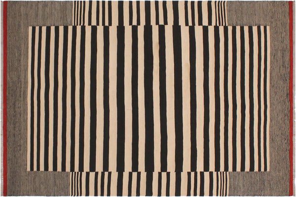 handmade Modern Kilim Beige Black Hand-Woven RECTANGLE 100% WOOL area rug 6' x 8'