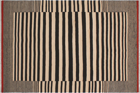 handmade Modern Kilim Beige Black Hand-Woven RECTANGLE 100% WOOL area rug 6' x 8'