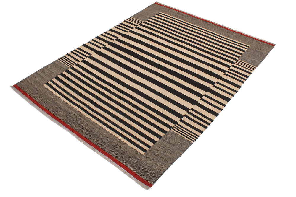 handmade Modern Kilim Beige Black Hand-Woven RECTANGLE 100% WOOL area rug 6' x 8'
