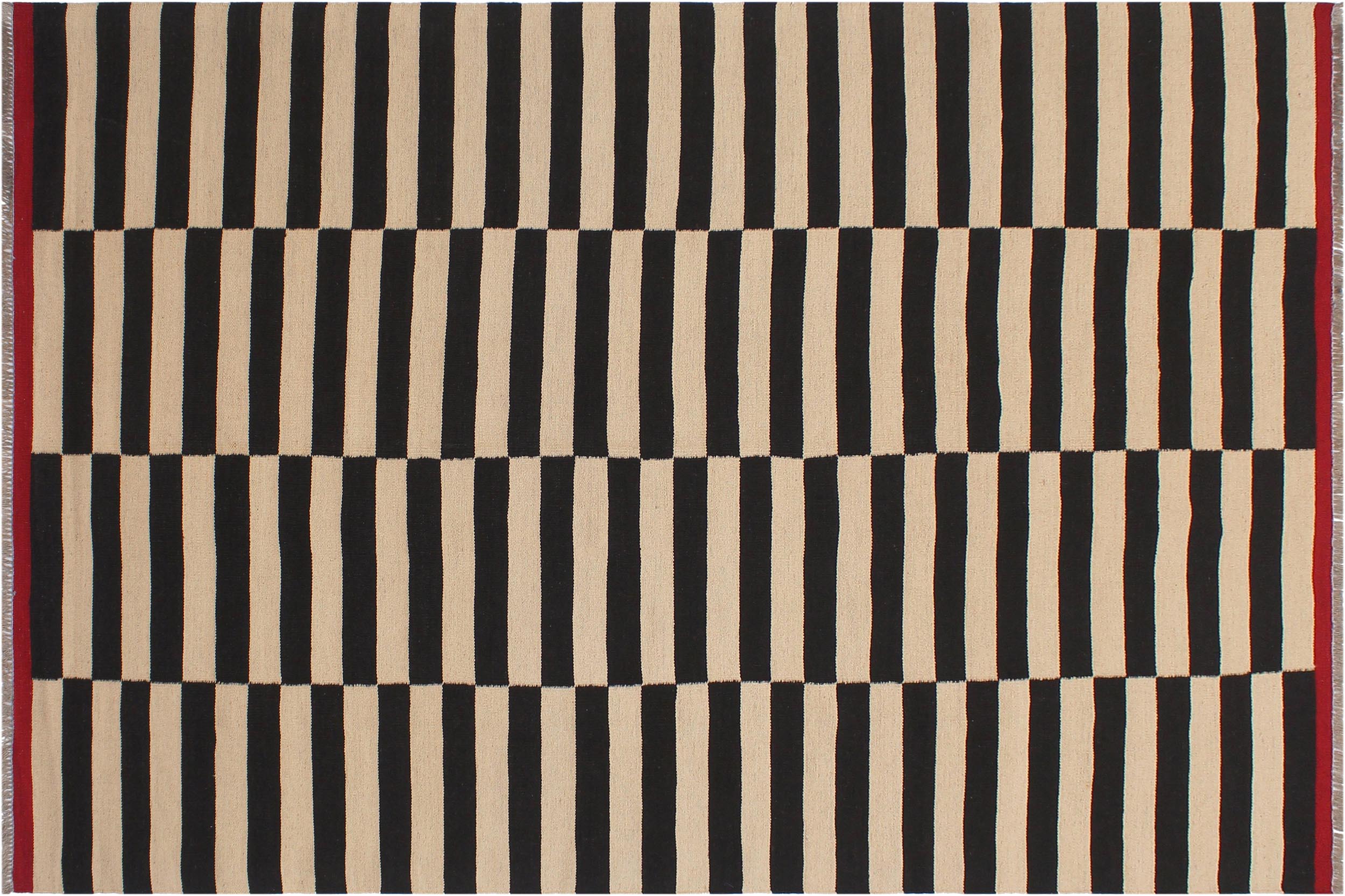 handmade Modern Kilim Beige Black Hand-Woven RECTANGLE 100% WOOL area rug 6' x 8'