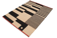 handmade Modern Kilim Beige Black Hand-Woven RECTANGLE 100% WOOL area rug 6' x 8'