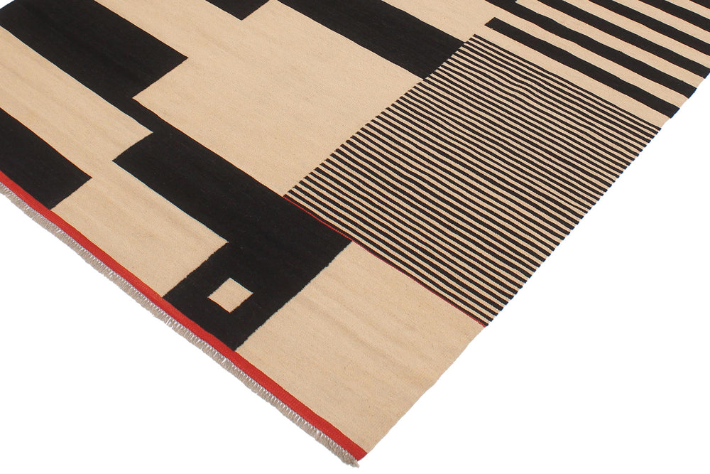handmade Modern Kilim Beige Black Hand-Woven RECTANGLE 100% WOOL area rug 6' x 8'