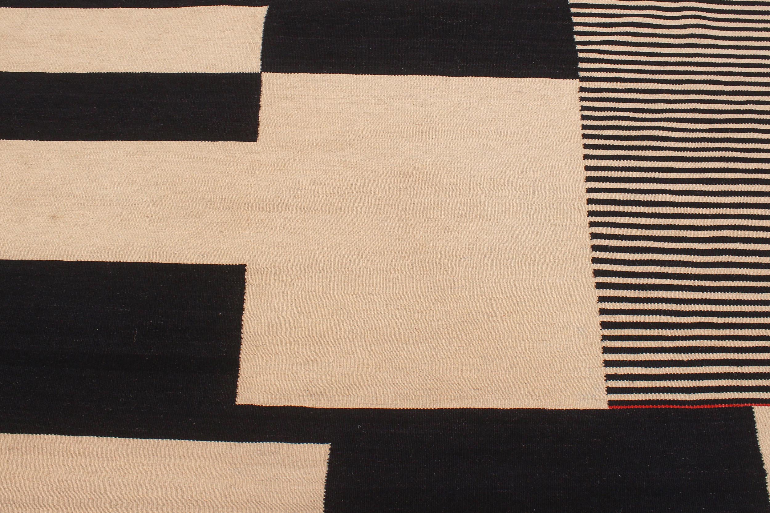 handmade Modern Kilim Beige Black Hand-Woven RECTANGLE 100% WOOL area rug 6' x 8'