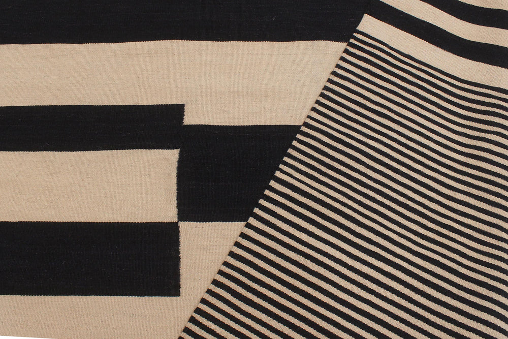 handmade Modern Kilim Beige Black Hand-Woven RECTANGLE 100% WOOL area rug 6' x 8'