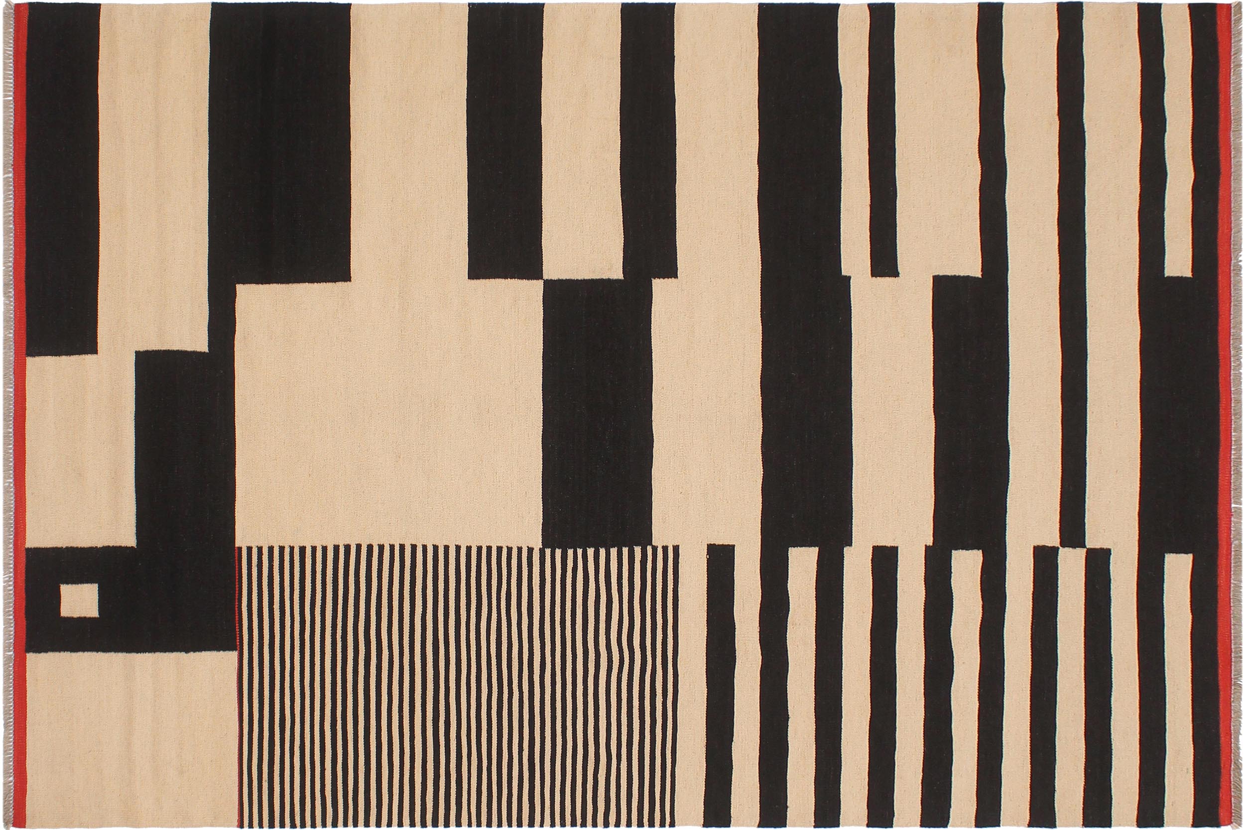 handmade Modern Kilim Beige Black Hand-Woven RECTANGLE 100% WOOL area rug 6' x 8'