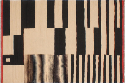 handmade Modern Kilim Beige Black Hand-Woven RECTANGLE 100% WOOL area rug 6' x 8'