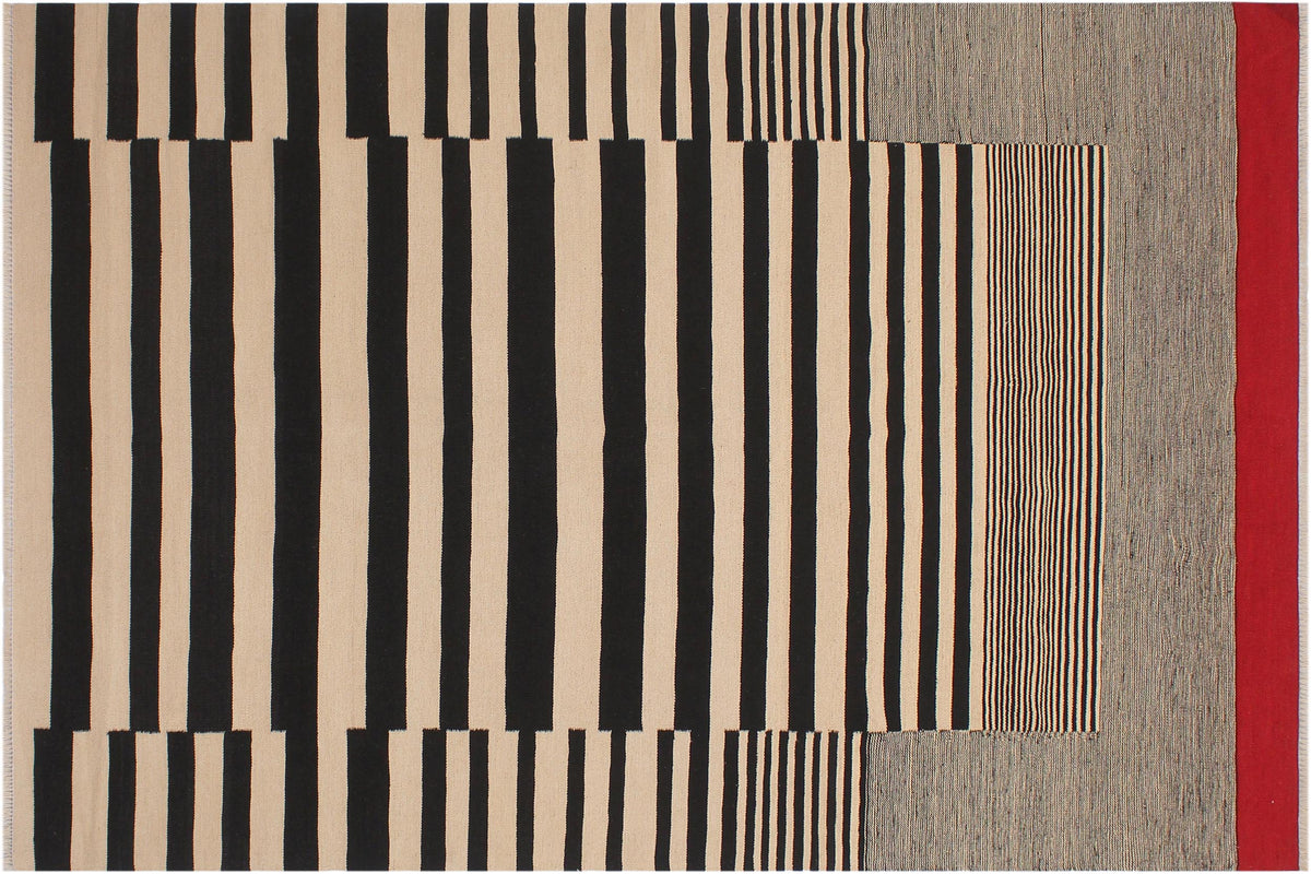 handmade Modern Kilim Beige Black Hand-Woven RECTANGLE 100% WOOL area rug 6x8