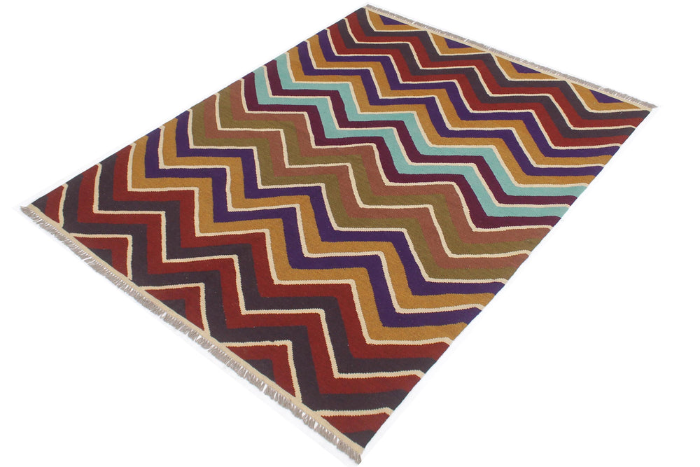 handmade Modern Kilim Blue Beige Hand-Woven RECTANGLE 100% WOOL area rug 5x7