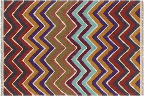 handmade Modern Kilim Blue Beige Hand-Woven RECTANGLE 100% WOOL area rug 5x7