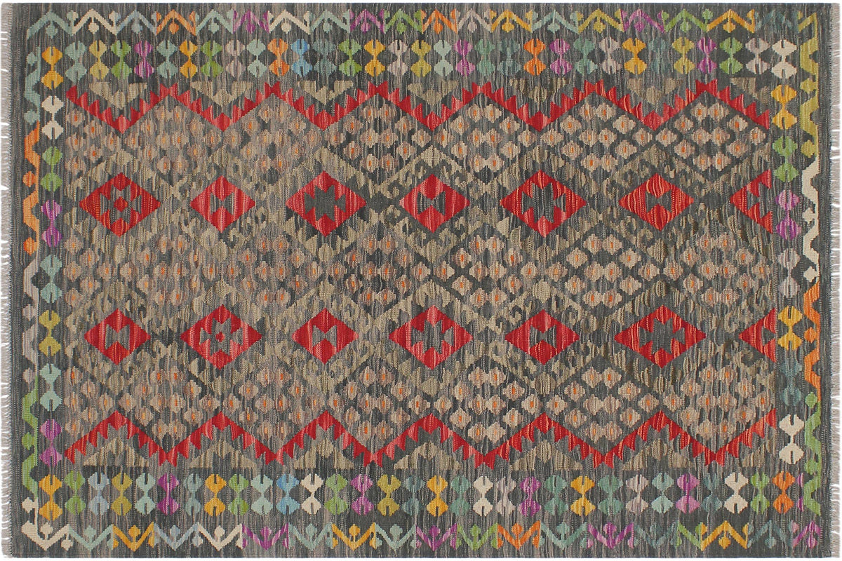 handmade Geometric Kilim Green Red Hand-Woven RECTANGLE 100% WOOL area rug 5 x 7