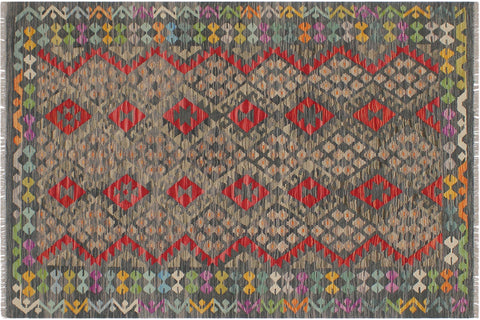 handmade Geometric Kilim Green Red Hand-Woven RECTANGLE 100% WOOL area rug 5 x 7