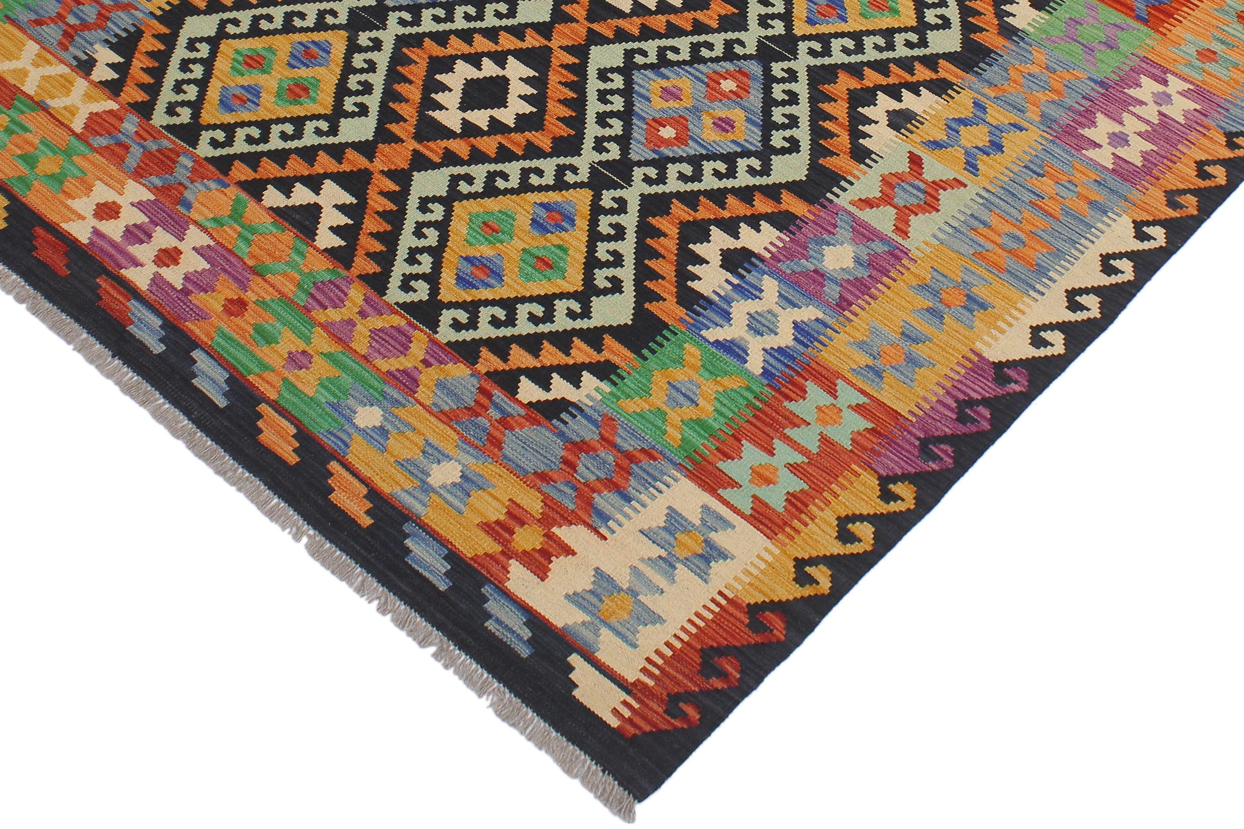 handmade Geometric Kilim Blue Gold Hand-Woven RECTANGLE 100% WOOL area rug 6 x 8
