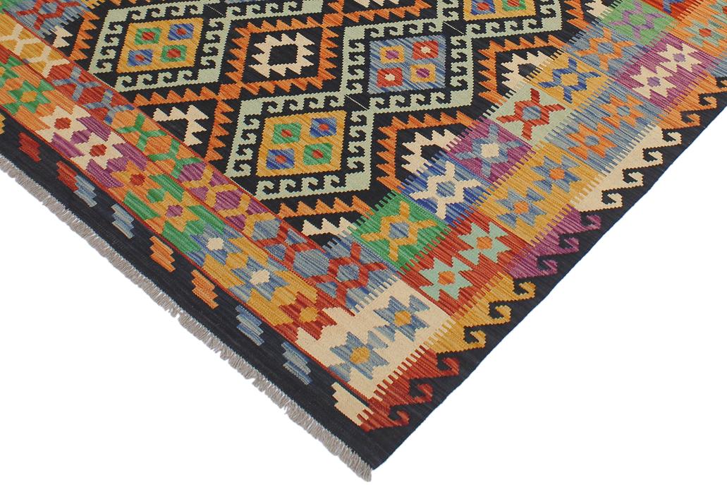 Flat Weave Kilim Antique Navaho Vintage handmade Geometric Kilim Blue Gold Hand-Woven Rectangle 100% Wool Area Rug 6x8 