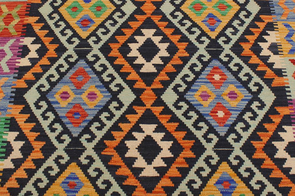 Flat Weave Kilim Antique Navaho Vintage handmade Geometric Kilim Blue Gold Hand-Woven Rectangle 100% Wool Area Rug 6x8 