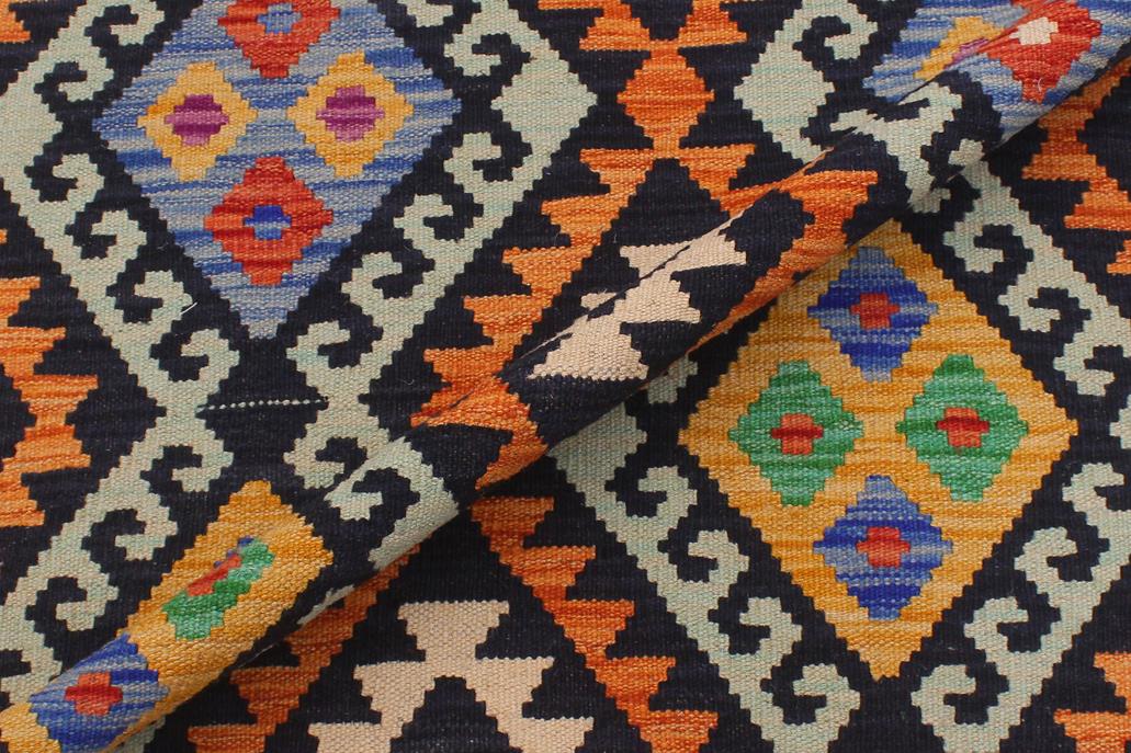 Flat Weave Kilim Antique Navaho Vintage handmade Geometric Kilim Blue Gold Hand-Woven Rectangle 100% Wool Area Rug 6x8 