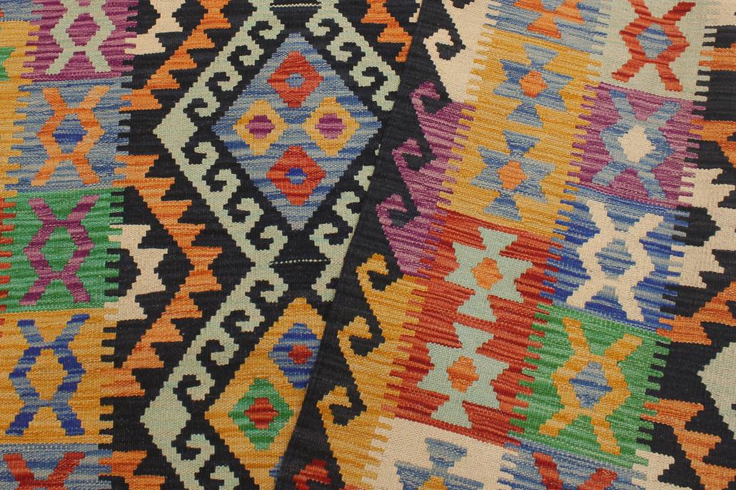 Flat Weave Kilim Antique Navaho Vintage handmade Geometric Kilim Blue Gold Hand-Woven Rectangle 100% Wool Area Rug 6x8 