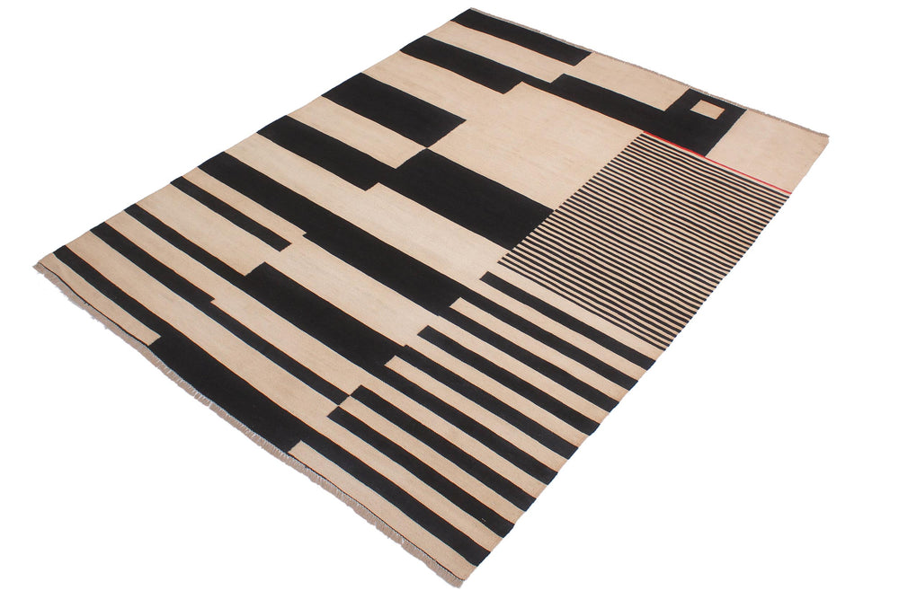 handmade Modern Kilim Ivory Black Hand-Woven RECTANGLE 100% WOOL area rug 6' x 8'