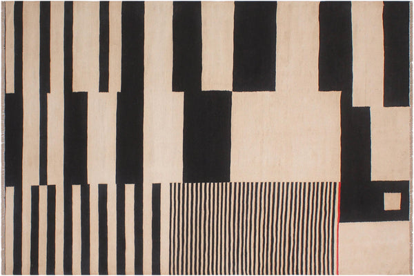 handmade Modern Kilim Ivory Black Hand-Woven RECTANGLE 100% WOOL area rug 6' x 8'
