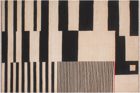 handmade Modern Kilim Ivory Black Hand-Woven RECTANGLE 100% WOOL area rug 6' x 8'