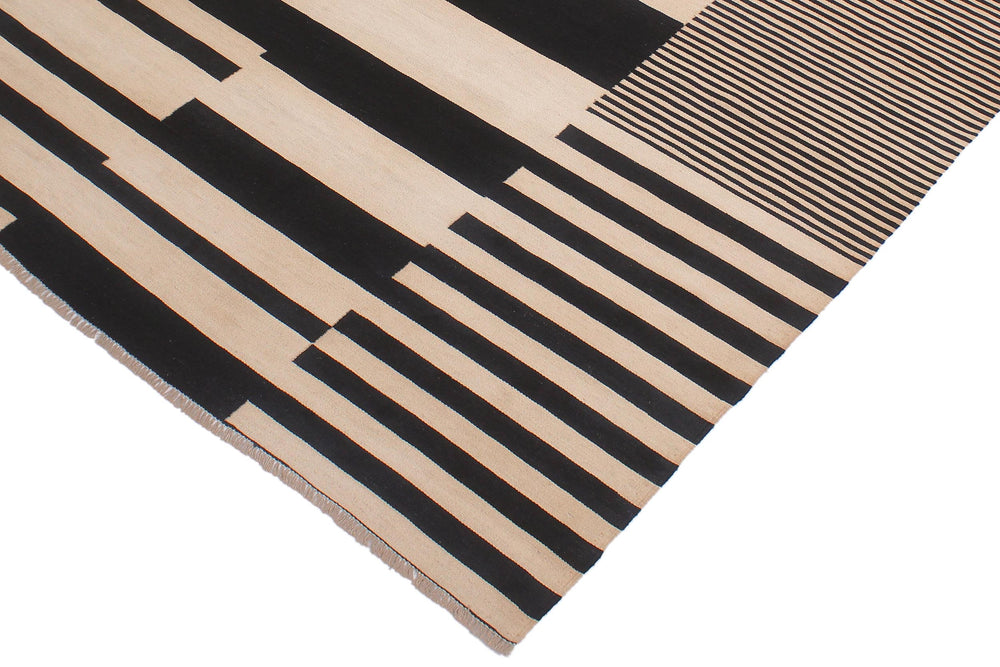 handmade Modern Kilim Ivory Black Hand-Woven RECTANGLE 100% WOOL area rug 6' x 8'