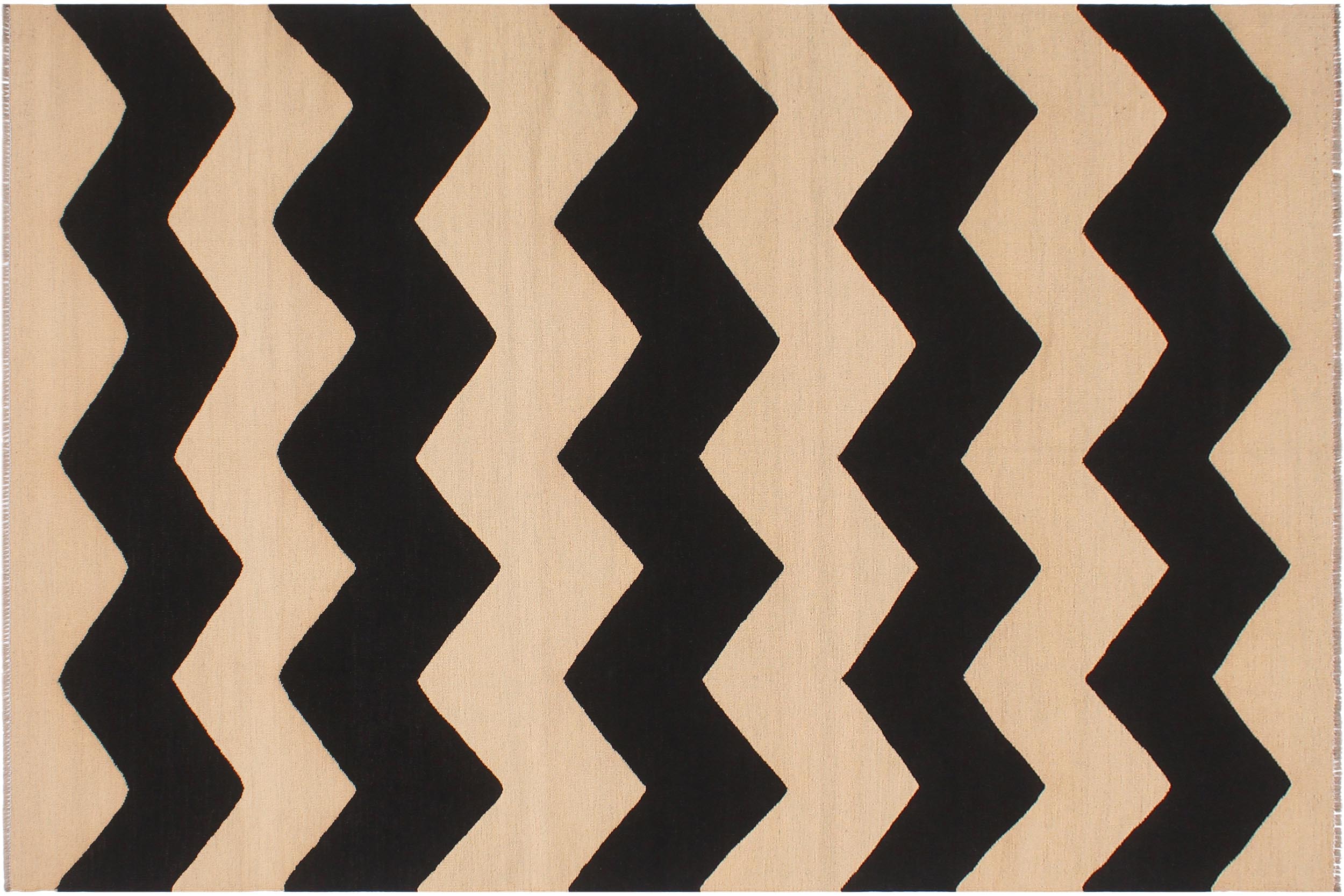 handmade Modern Kilim Beige Black Hand-Woven RECTANGLE 100% WOOL area rug 6' x 8'