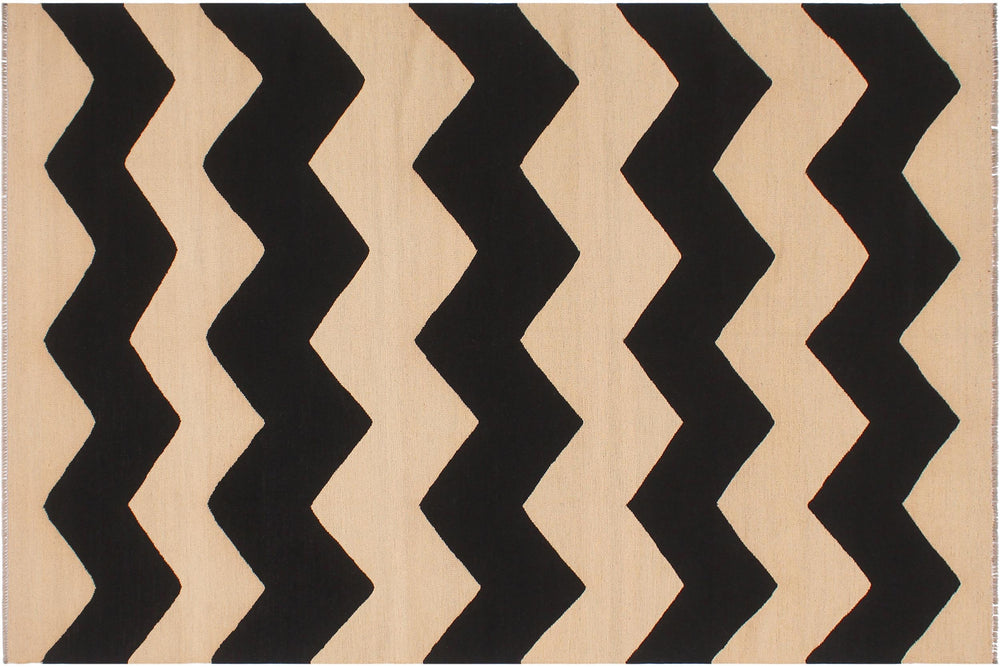 handmade Modern Kilim Beige Black Hand-Woven RECTANGLE 100% WOOL area rug 6' x 8'