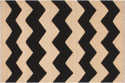 handmade Modern Kilim Beige Black Hand-Woven RECTANGLE 100% WOOL area rug 6' x 8'