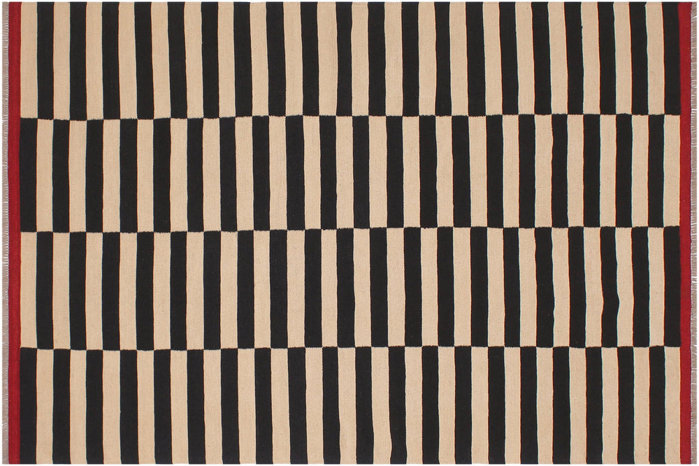 handmade Modern Kilim Beige Black Hand-Woven RECTANGLE 100% WOOL area rug 6' x 8'