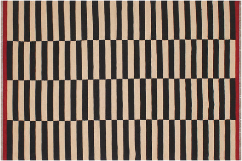 handmade Modern Kilim Beige Black Hand-Woven RECTANGLE 100% WOOL area rug 6' x 8'