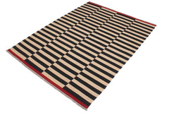 handmade Modern Kilim Beige Black Hand-Woven RECTANGLE 100% WOOL area rug 6' x 8'