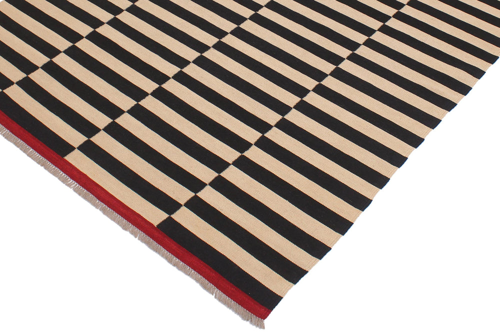 handmade Modern Kilim Beige Black Hand-Woven RECTANGLE 100% WOOL area rug 6' x 8'
