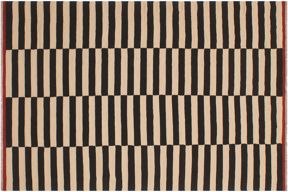 handmade Modern Kilim Beige Black Hand-Woven RECTANGLE 100% WOOL area rug 6' x 8'