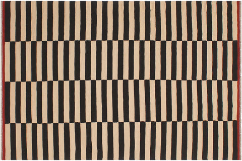 handmade Modern Kilim Beige Black Hand-Woven RECTANGLE 100% WOOL area rug 6' x 8'