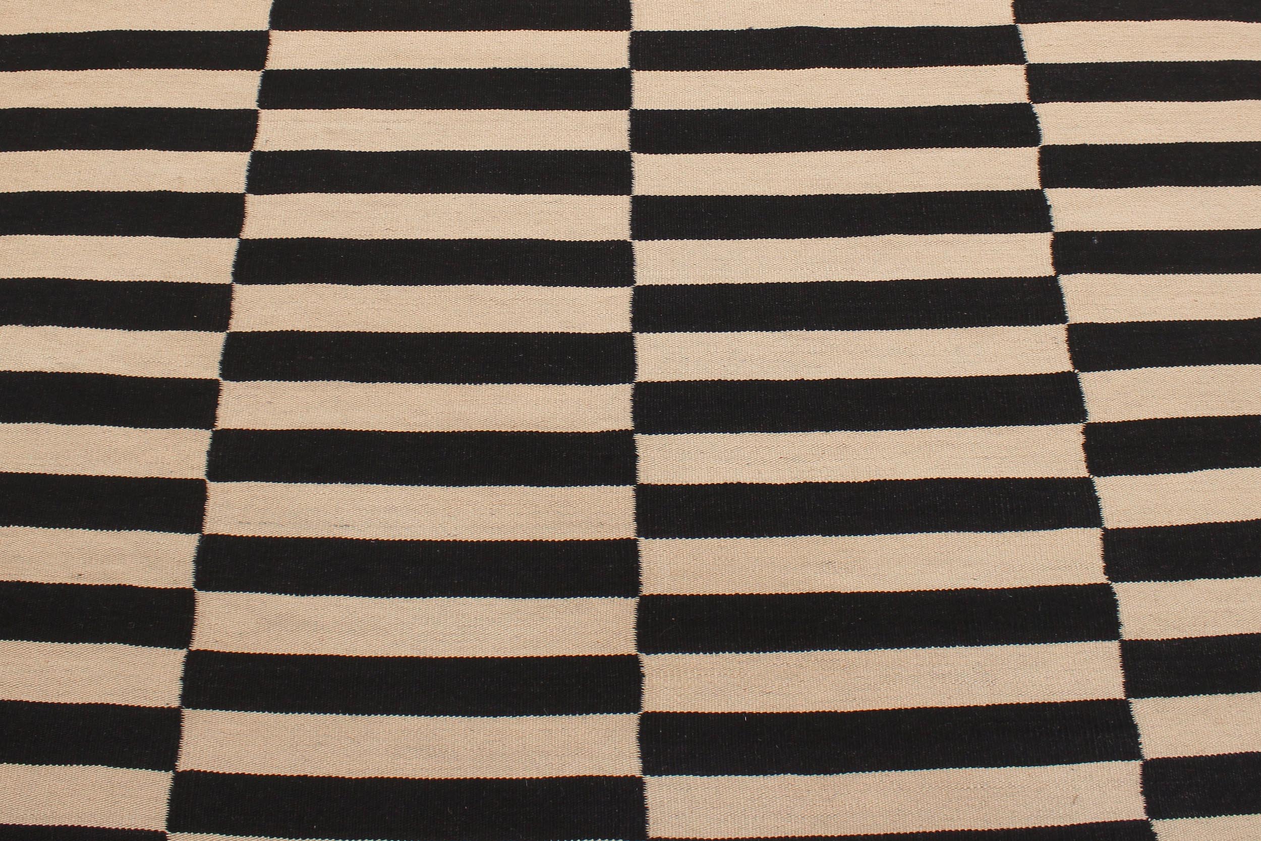 handmade Modern Kilim Beige Black Hand-Woven RECTANGLE 100% WOOL area rug 6' x 8'