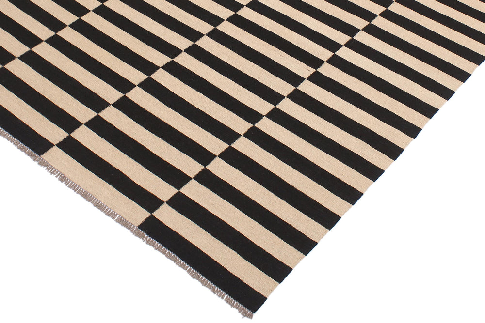 handmade Modern Kilim Beige Black Hand-Woven RECTANGLE 100% WOOL area rug 6' x 8'